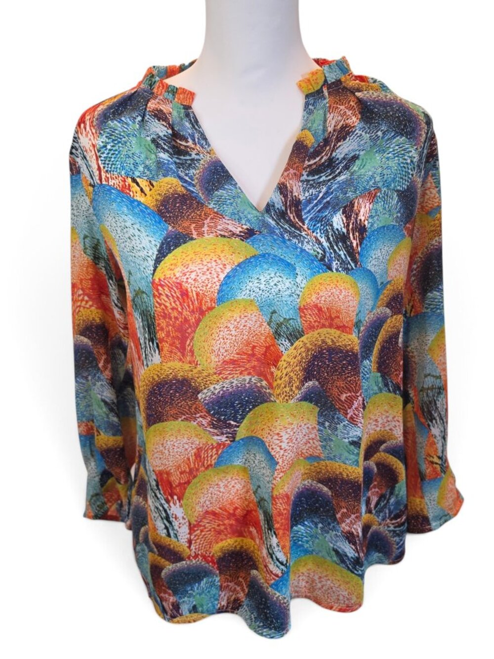 Sioni Vibrant Abstract Ruffle Neck Long Sleeve Blouse Size M